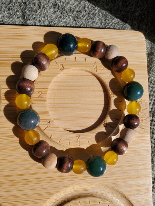 Moss Agate, Palo Santo, Wood, and Yellow Jade