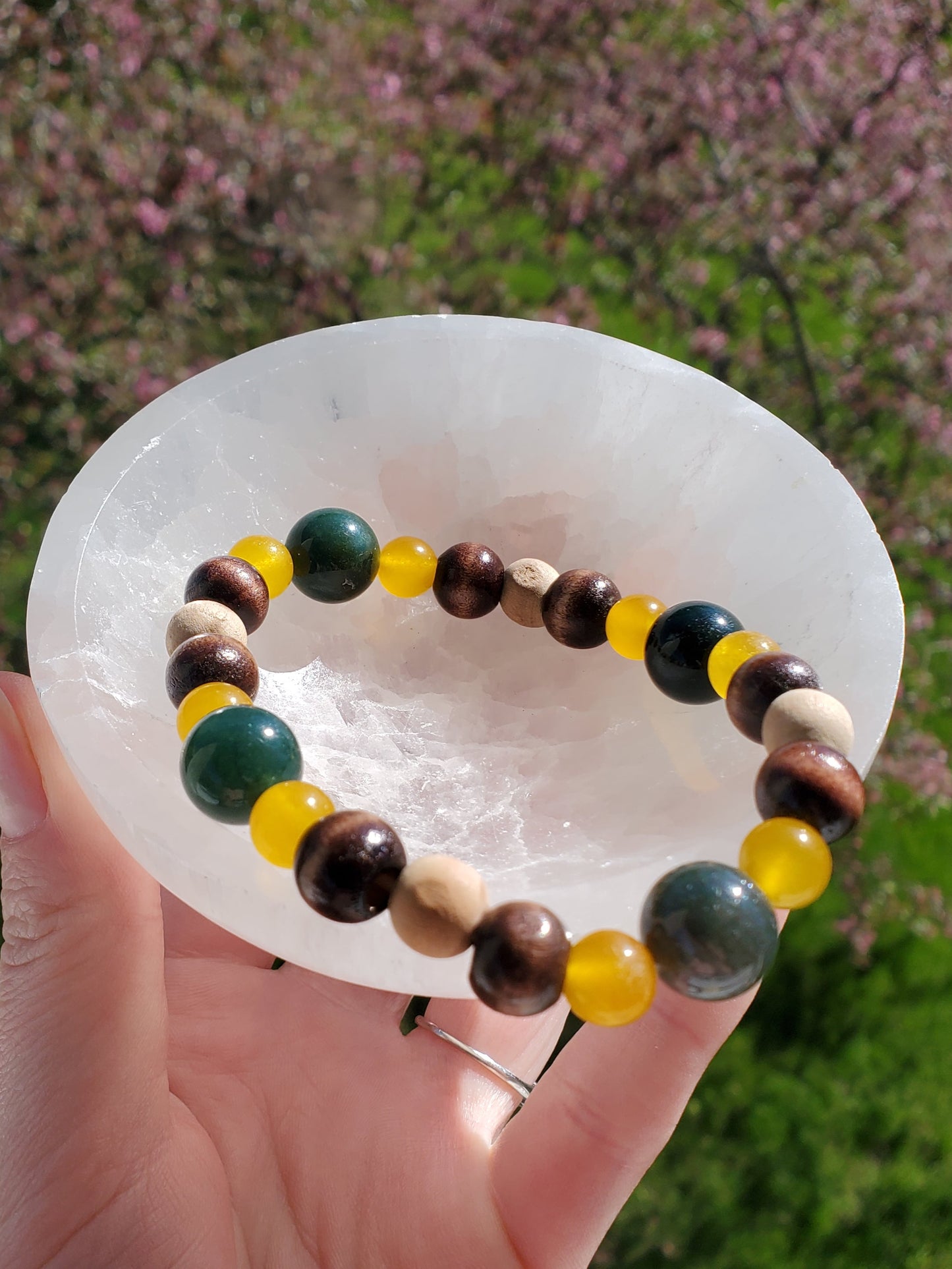 Moss Agate, Palo Santo, Wood, and Yellow Jade