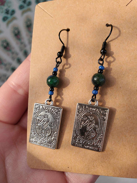 Earrings - Chrysocolla & The World Tarot