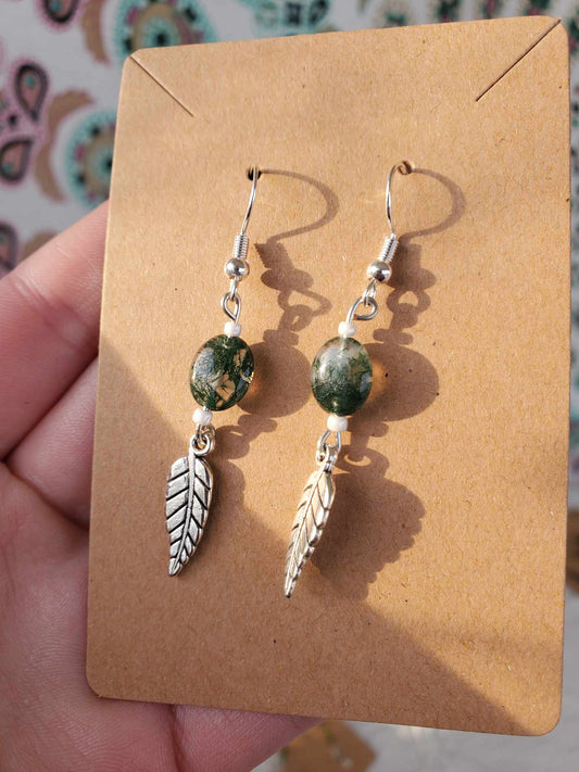 Earrings - Moss Agate with Leaves