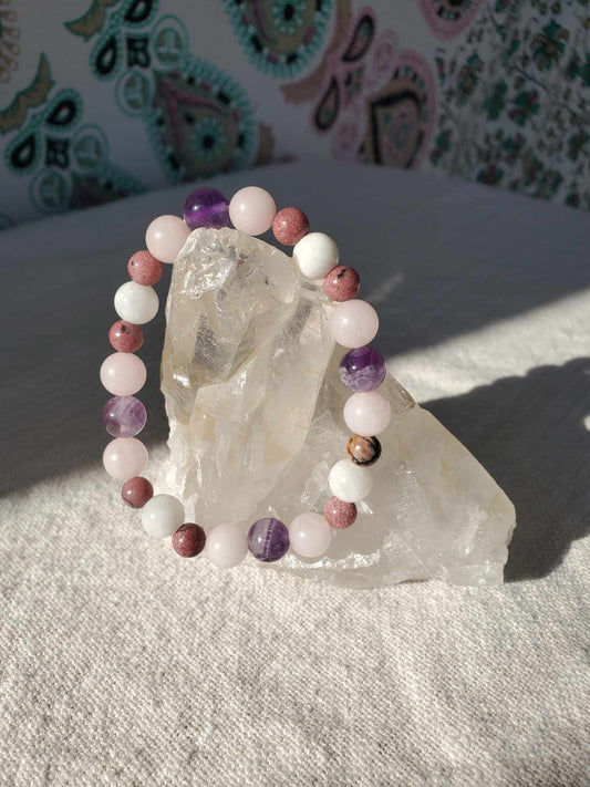 Amethyst, Moonstone, Rhodonite, & Rose Quartz