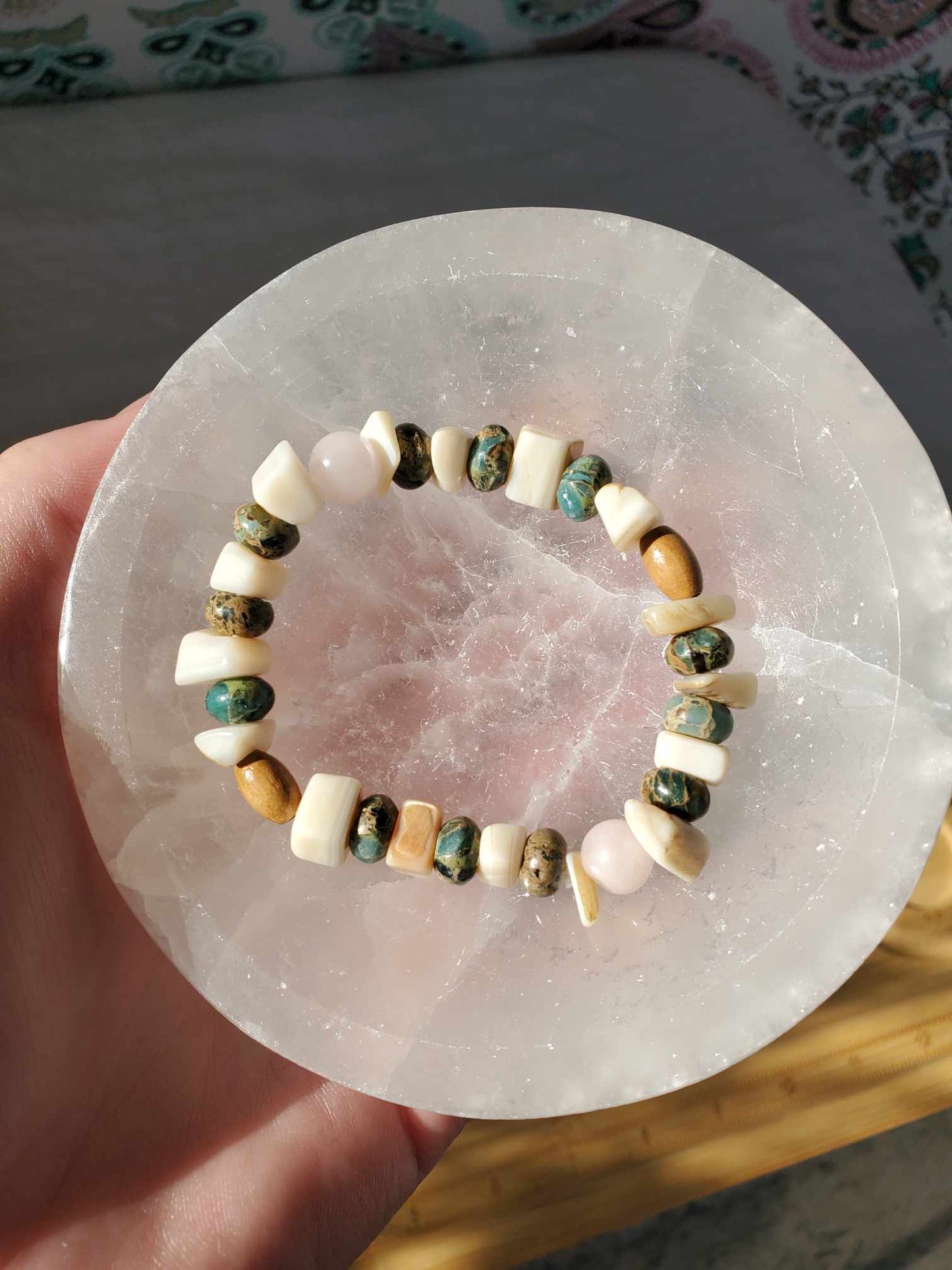 Jasper, Rose Quartz, Shell, and Wood