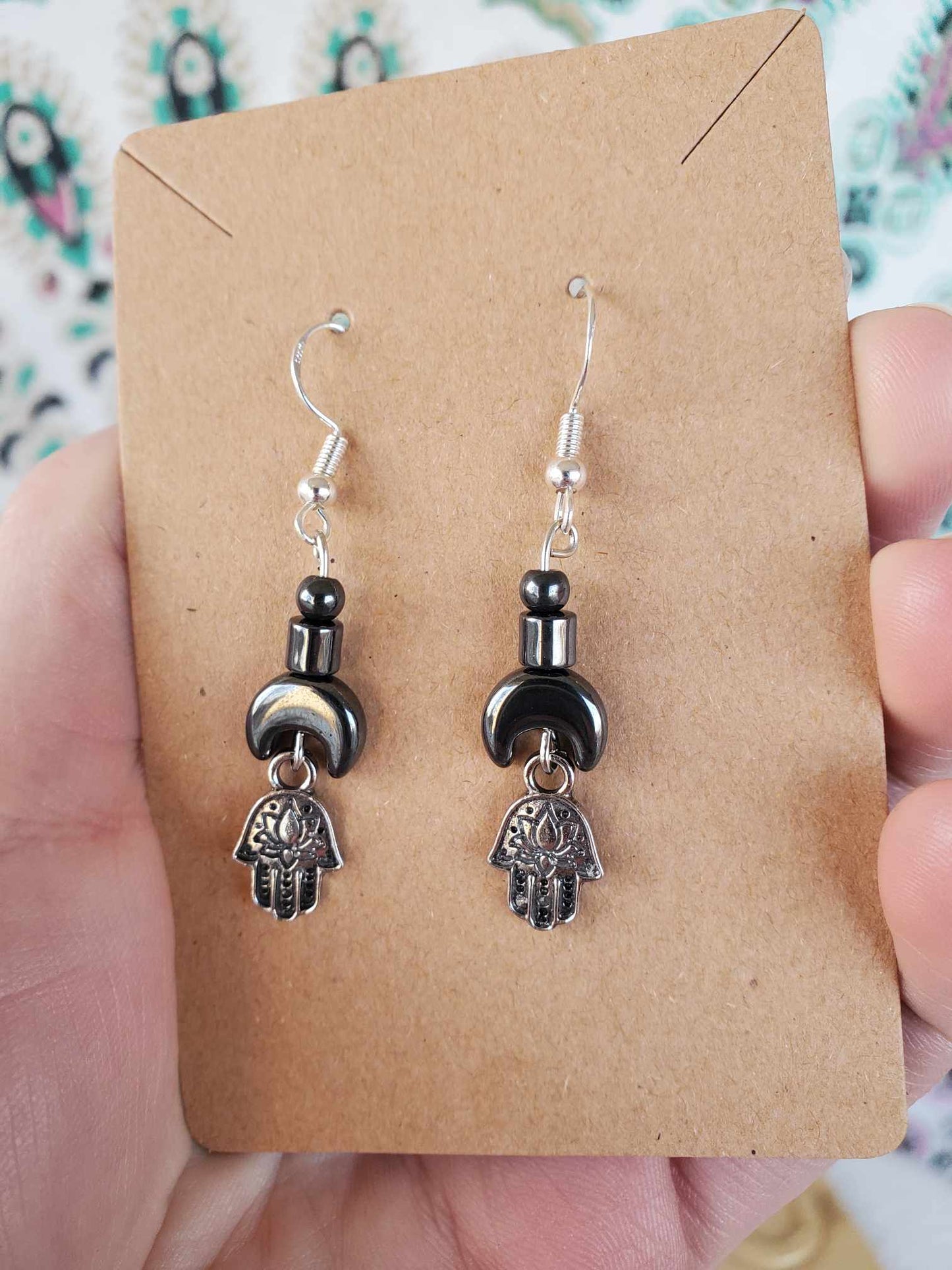 Earrings - Hematite Moon x Lotus Hamsa