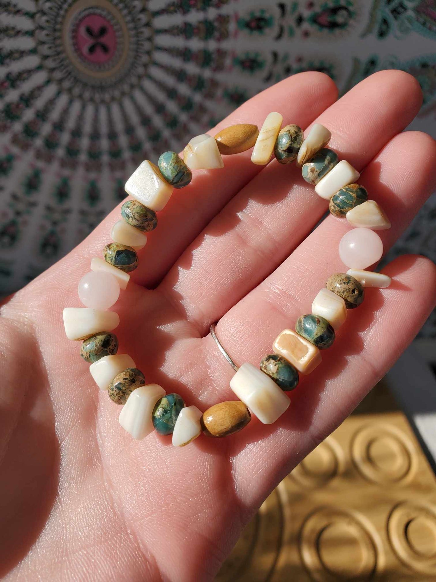 Jasper, Rose Quartz, Shell, and Wood