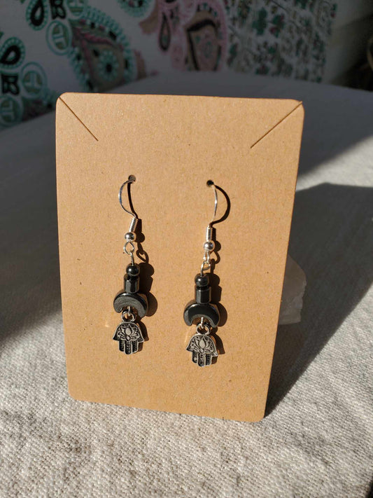 Earrings - Hematite Moon x Lotus Hamsa