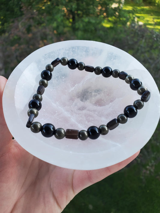 Obsidian, Pyrite, and Smoky Quartz