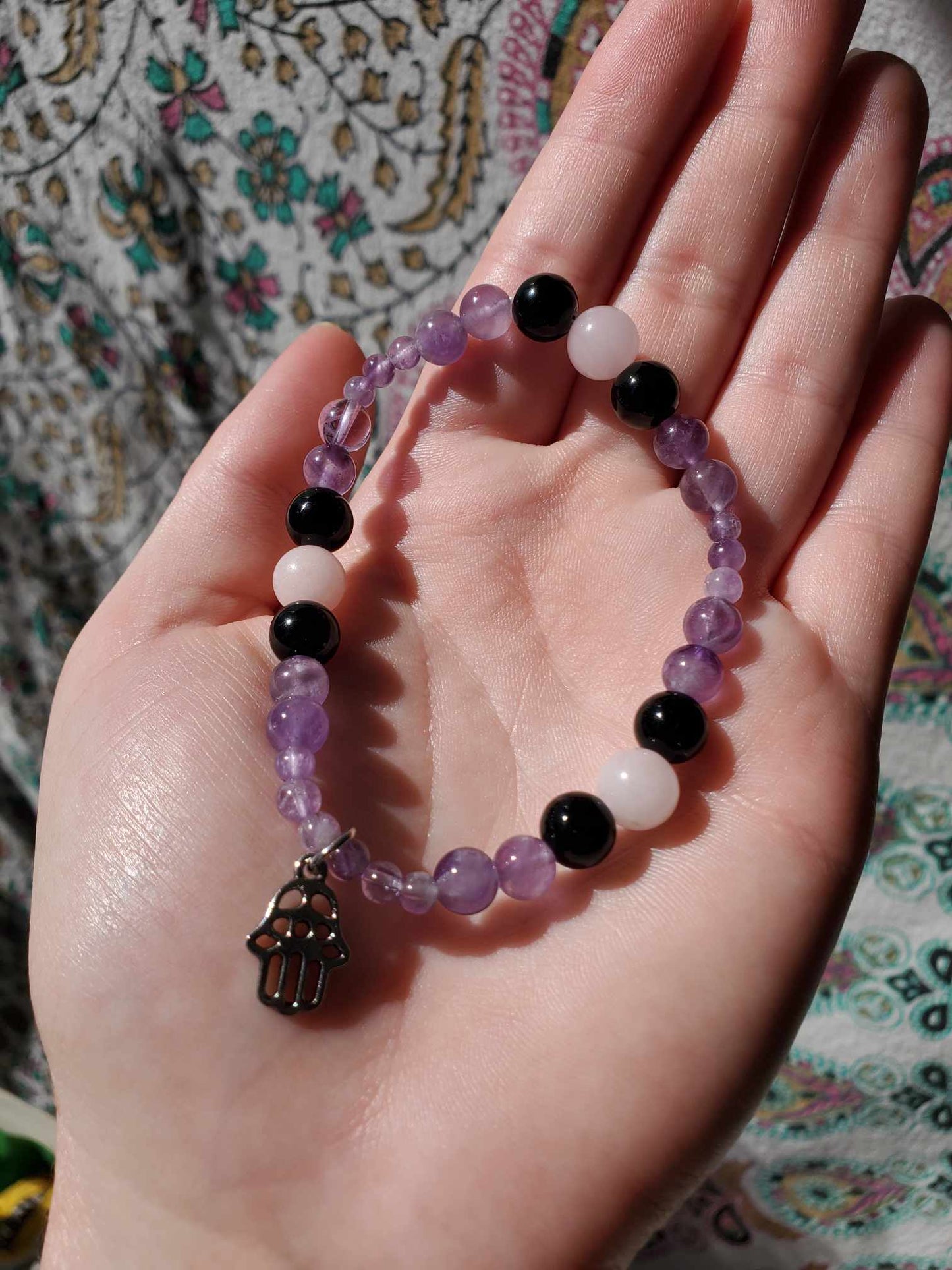 Amethyst, Obsidian, and Rose Quartz with Hamsa Charm