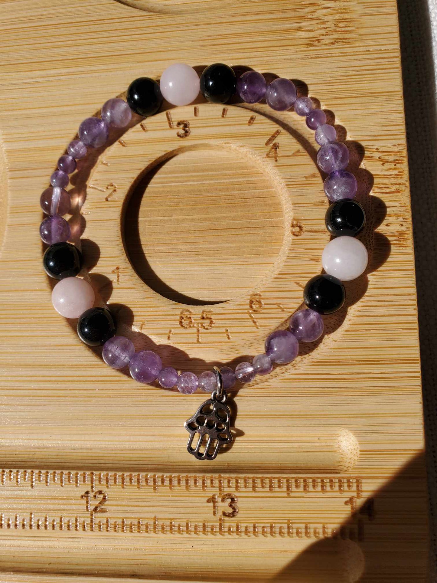 Amethyst, Obsidian, and Rose Quartz with Hamsa Charm