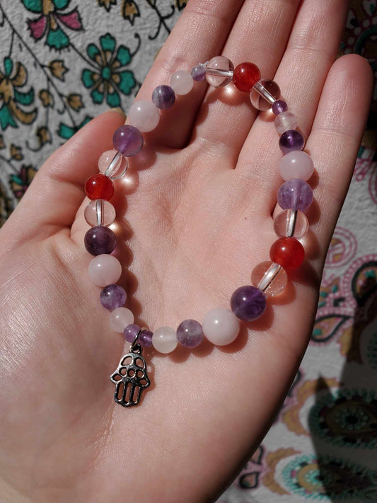 Amethyst, Jade, Rose and Clear Quartz with Hamsa Charm