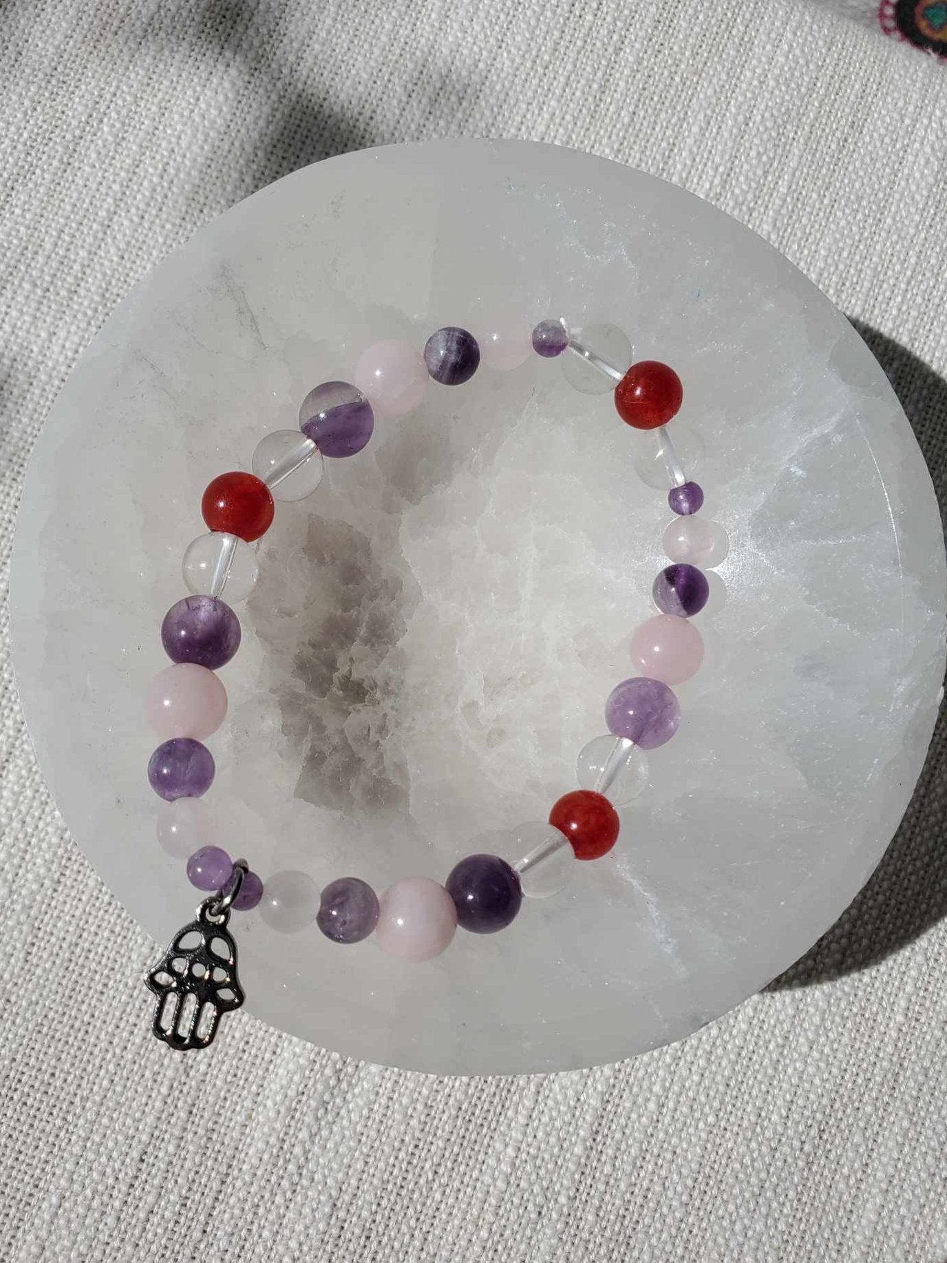 Amethyst, Jade, Rose and Clear Quartz with Hamsa Charm