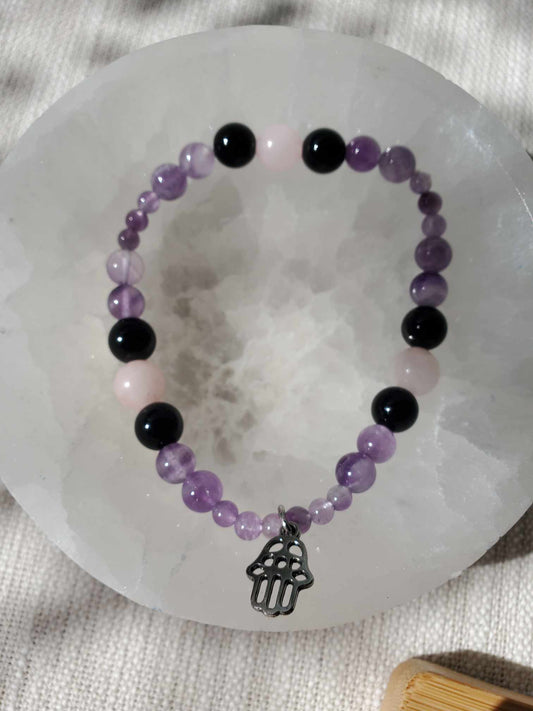 Amethyst, Obsidian, and Rose Quartz with Hamsa Charm