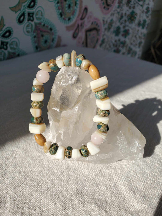 Jasper, Rose Quartz, Shell, and Wood